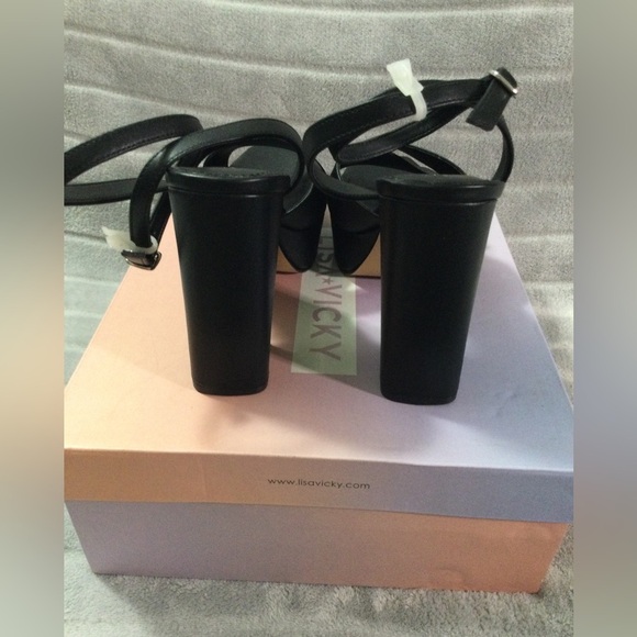 Lisa Vicky Jazz Black Leather Strappy Platform Block Heels Size 9 M - Picture 4 of 11